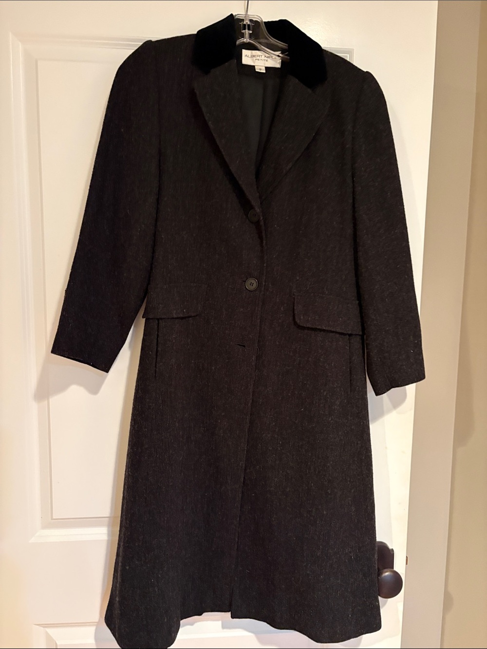 Albert Nipon Black Long Trench Coat with Velvet Collar